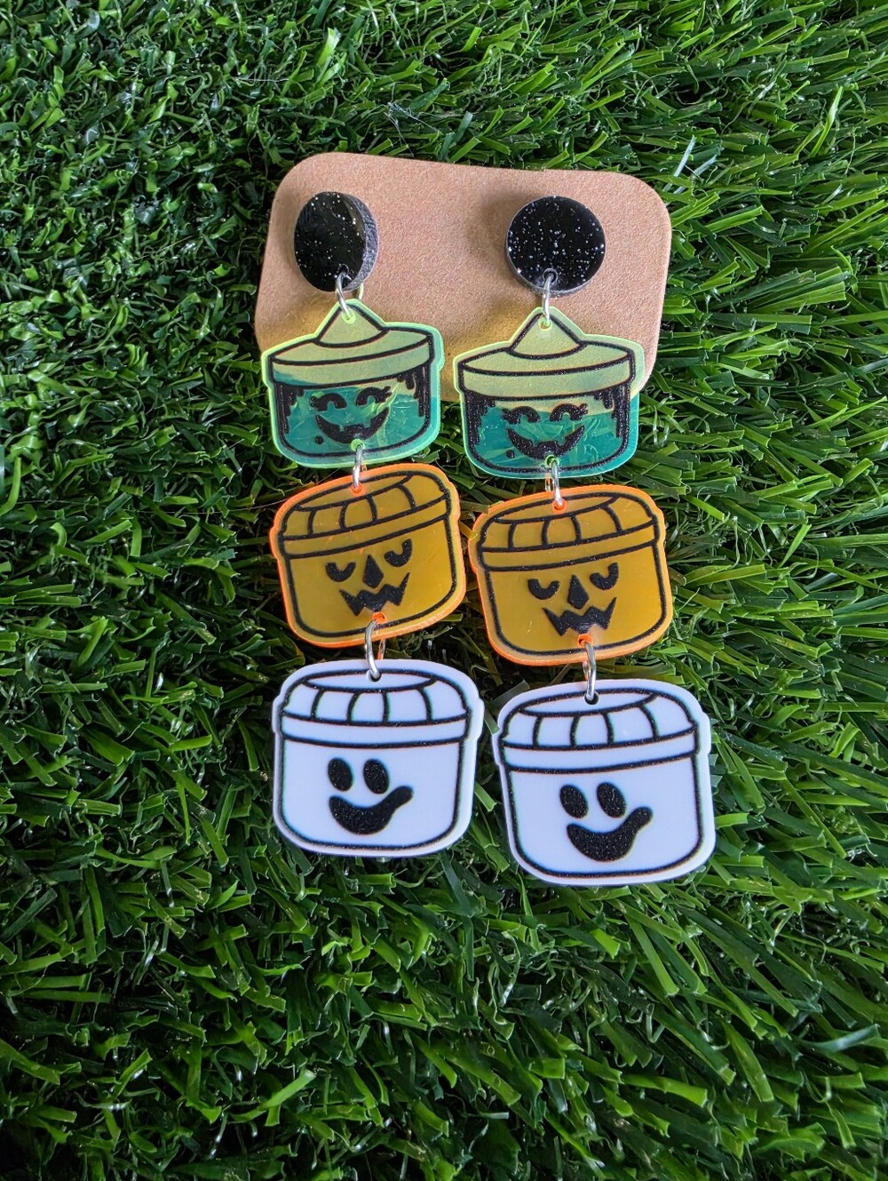 Kids Halloween Stackable Ghost & Pumpkin Dangle Earrings - Green/Orange/White
